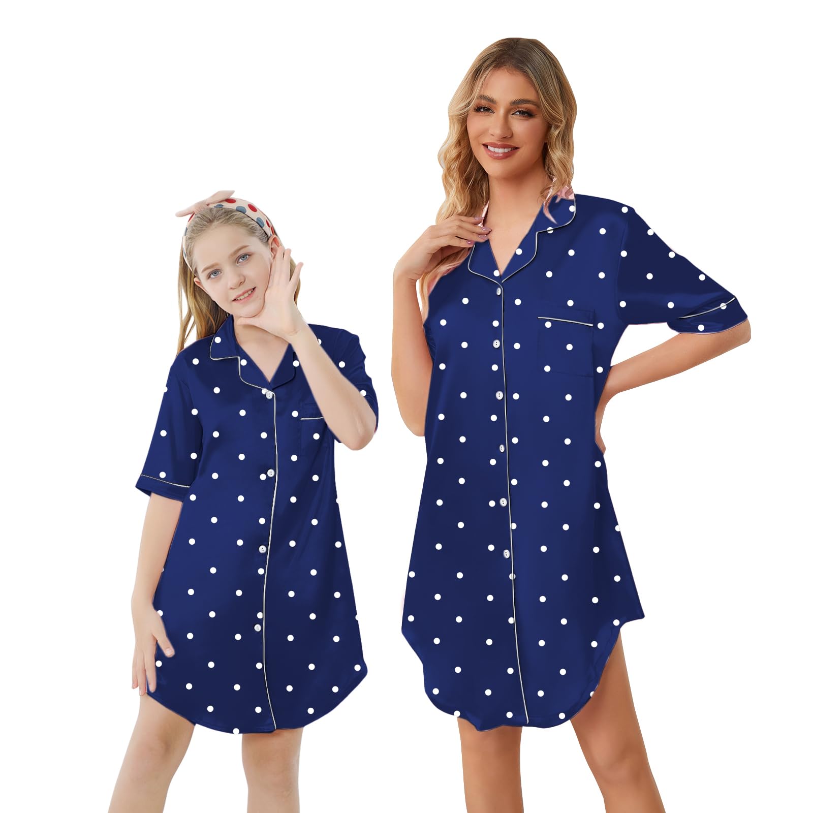Schbbbta Girls &amp; Women Silk Nightgown, Short Sleeve Button Down Satin Nightshirt Pajama House Dress, 3 Years- Women 2XL