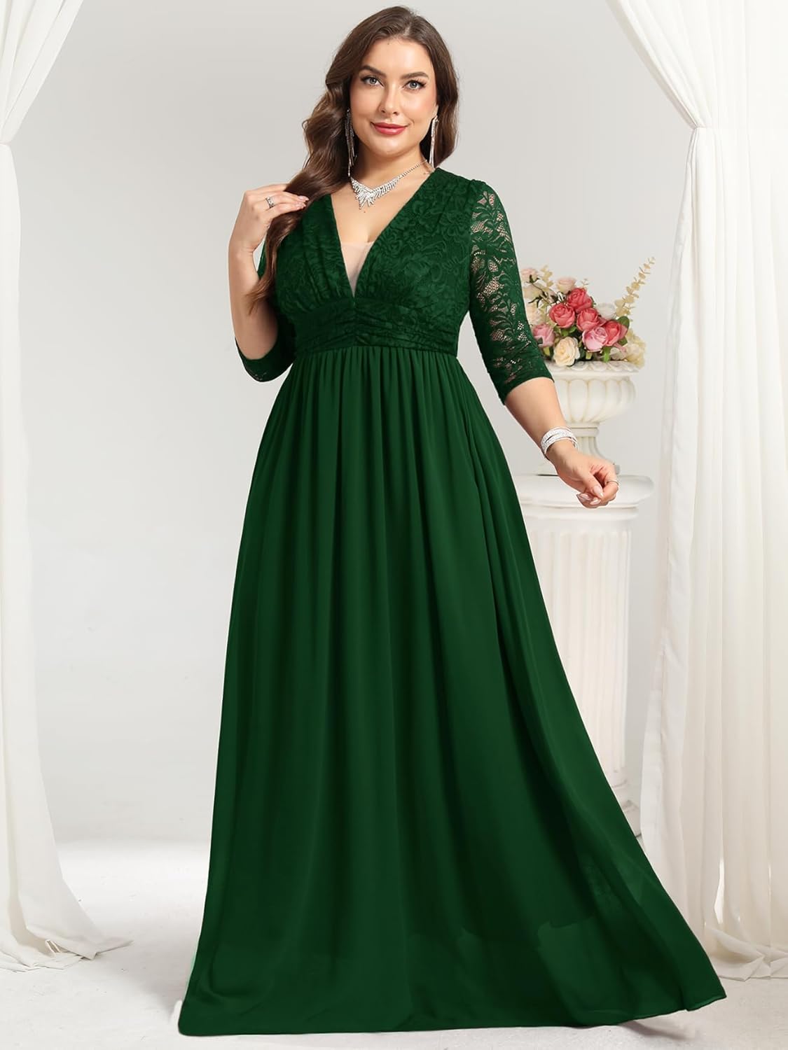 ZOMVA Plus Size Foraml Maxi Dress Deep V-Neck 3/4 Sleeve Lace Chiffon Wedding Dresses Cocktail Party Prom Evening Gown - Image 2
