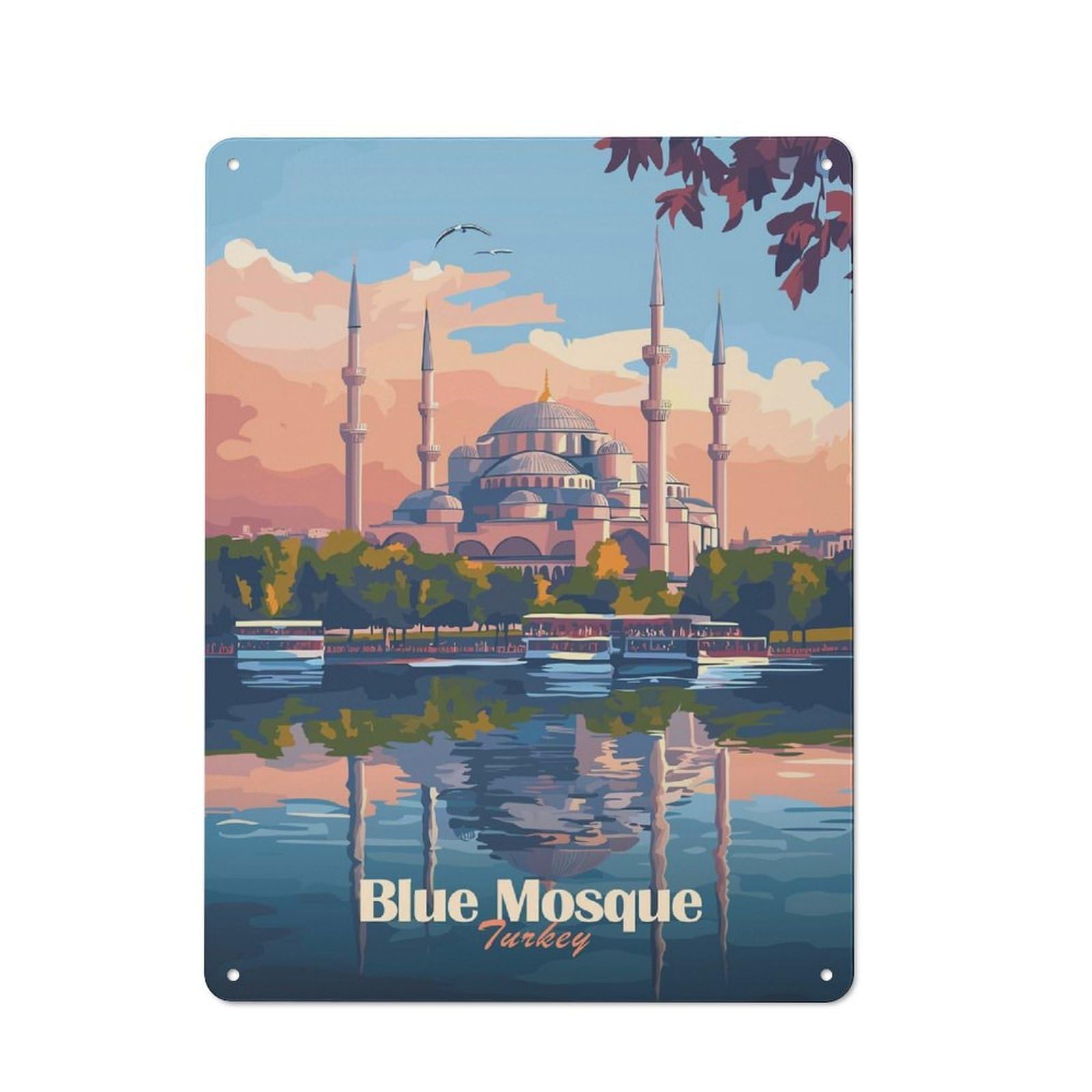 Blue Mosque Turkey Warehouse Style Metal Wall Decor 40x30cm, Metal Wall Sign for Workspace, Cafe, Hallway Or Garage