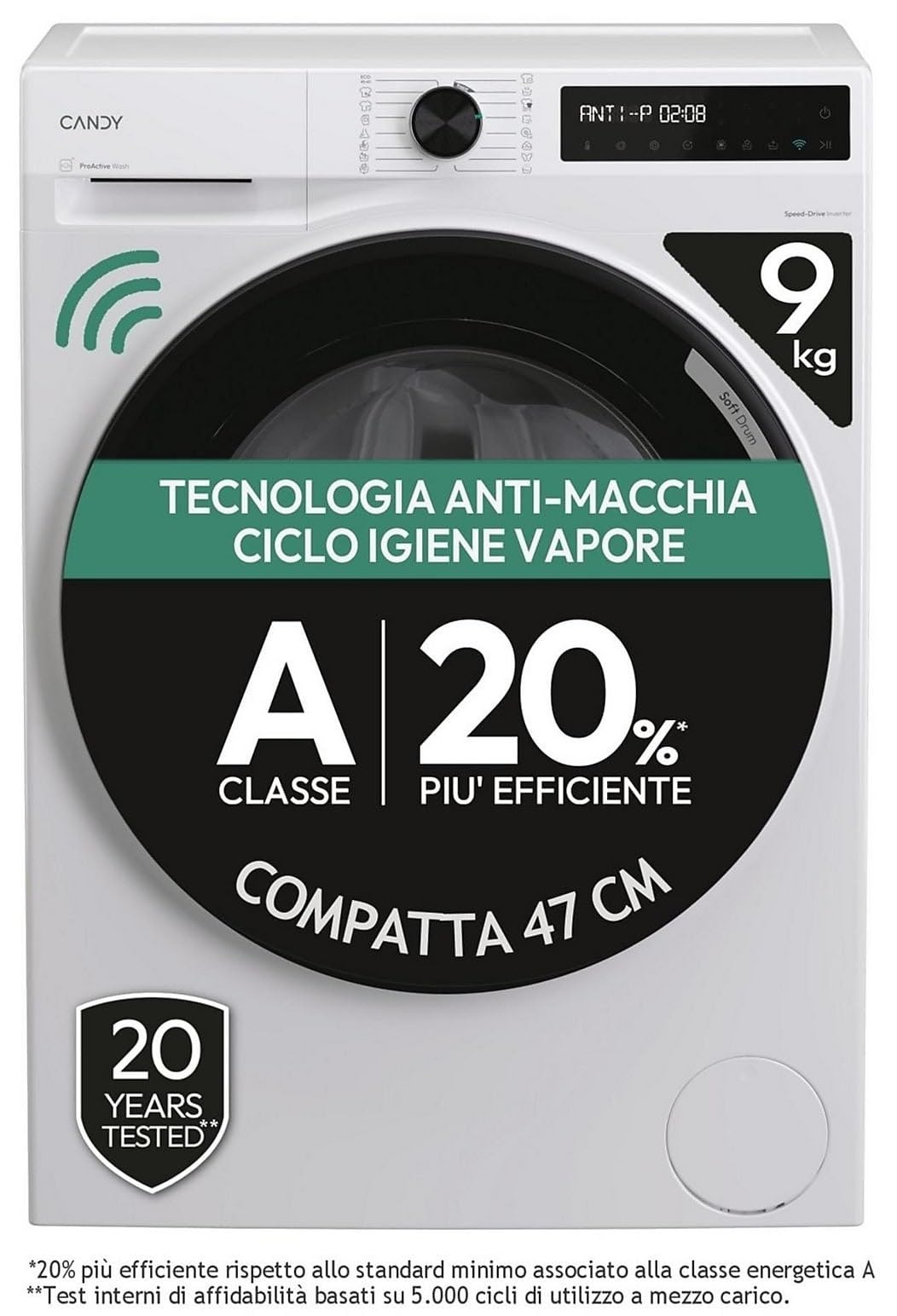 Candy ProWash 500 BR 49SBL8-S, Lavatrice 9 KG, 1400 giri/min, Display digitale, Connettività WIFI, 16 cicli, Motore Inverter, Inizio differito 24H, Blocco Bambino, Tamburo 52,5cm, 72 DB, Bianco