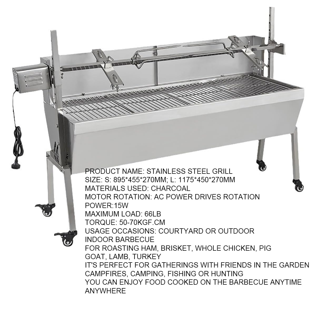 Grill rożnowy, w pełni automatyczny silnik 15 W, pojemność 29,9 kg, grill na węgiel drzewny rożen na kemping do kuchni na zewnątrz ognisko impreza