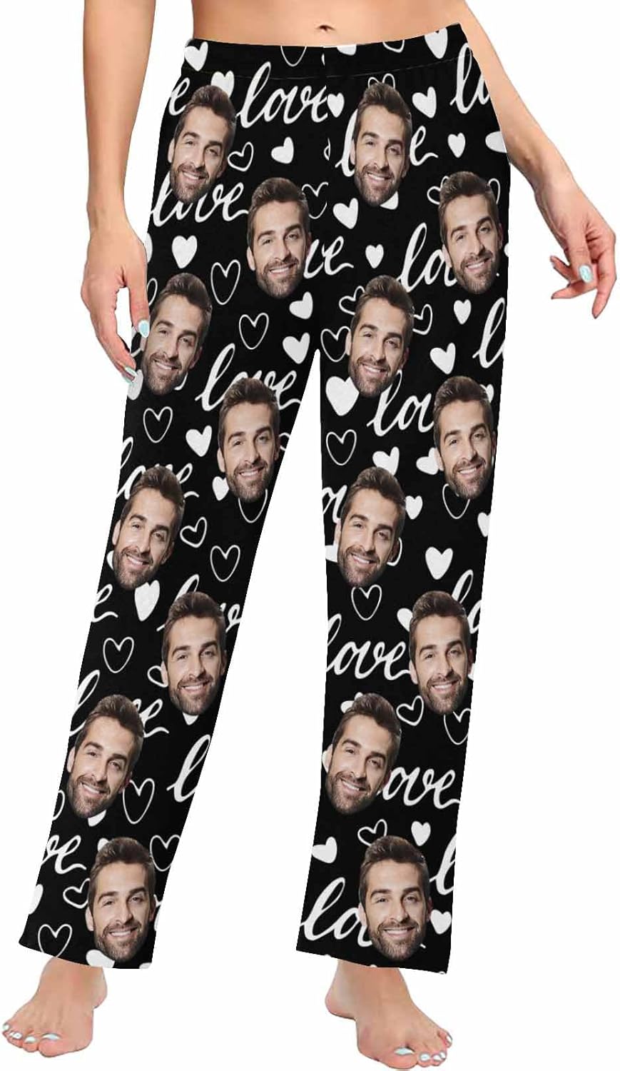 Personalized Photo Face Pajama Pants for Women Ultra-Soft Wide Leg Sleepwear Pants for Christmas Valentine Gift XS-2XL
