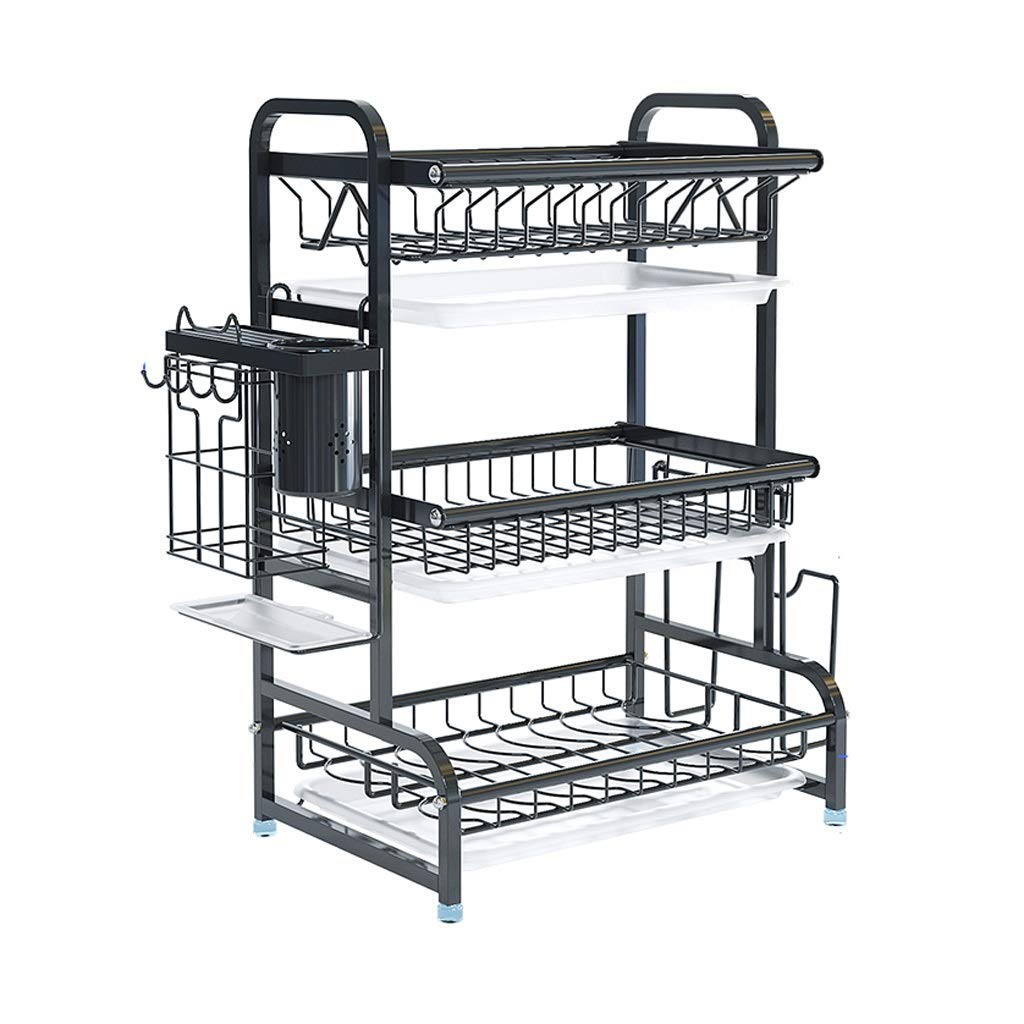 ZKORN Kitchen Drainer Rack, Drainer Rack Stainless Steel Kitchen Counter Dishware Storage Drain Dishwasher Dryer Sink With Drip Tray Black
