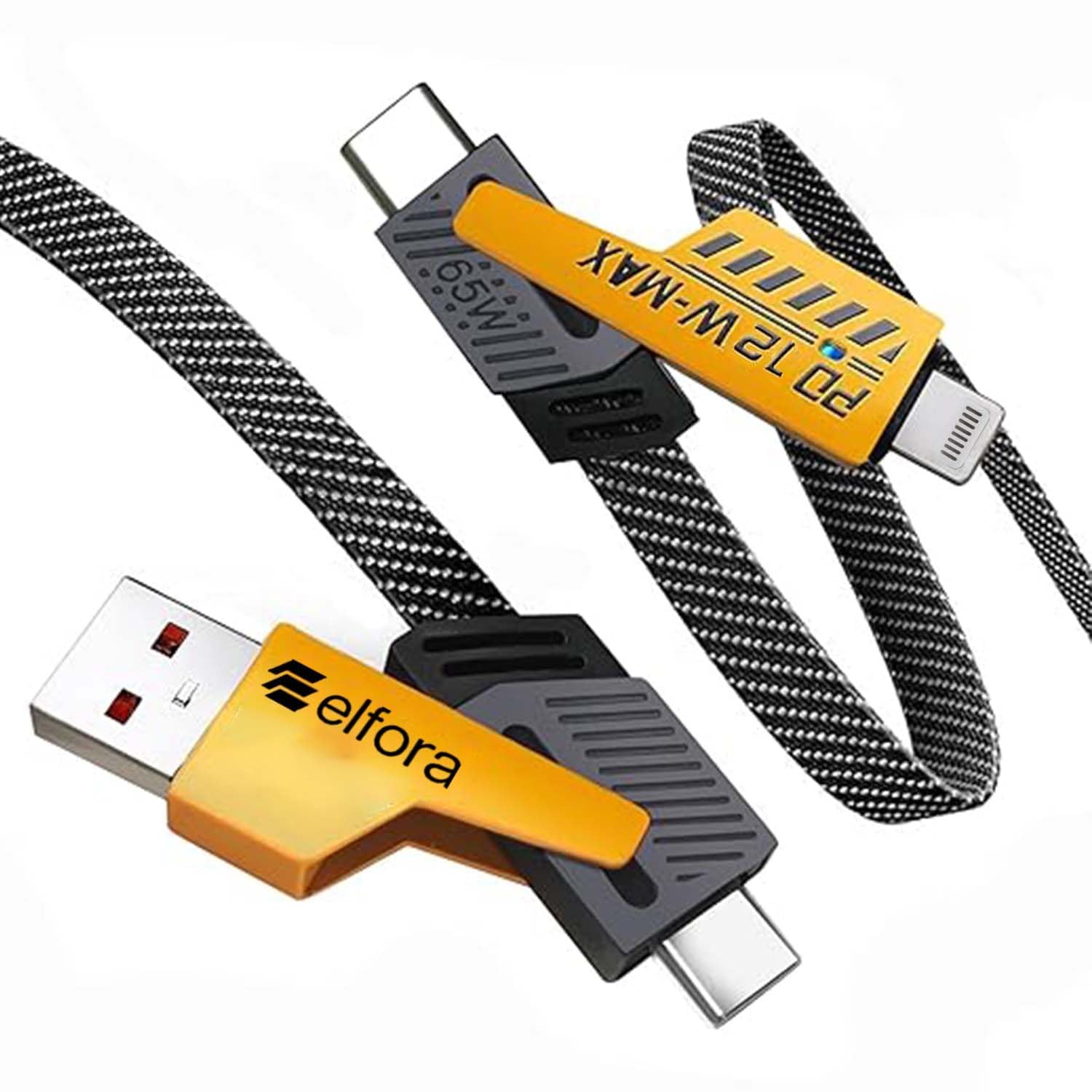 Elfora 4 in 1 Braided Fast Charging Cable 65W | Quad 1.5m Rugged Design Multiport | Type C to Lightning | Type C to USB A | Compatible for iPhones, iPads, Tablets, MacBooks and Android Devices -Black