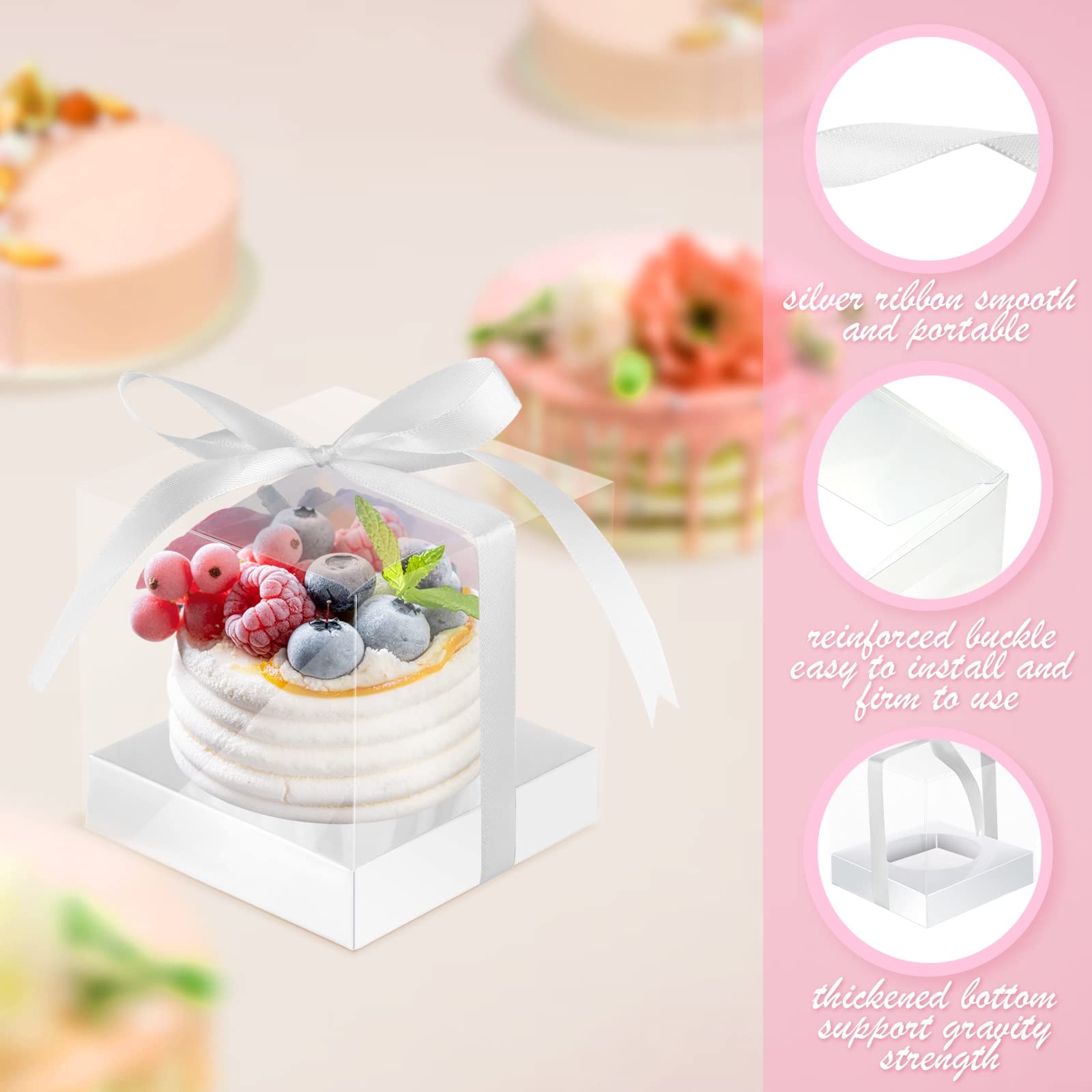 Gerrii 100 Pcs Clear Plastic Individual Cupcake Boxes 3.5" Single Cupcake Containers Transparent Ornament Gift Box With Inserts And Ribbon For Wedding Baby Shower Party Favor(White - View #5