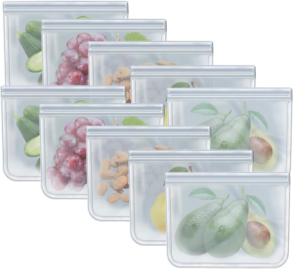 RLAVBL 10 Pack Quart Freezer Bags, Reusable Food Storage Bags for Vegetable, Liquid, Snack, Meat, Sandwich, 8.46x7.28 Inch