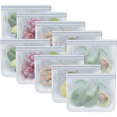 RLAVBL 10 Pack Quart Freezer Bags, Reusable Food Storage Bags for Vegetable, Liquid, Snack, Meat, Sandwich, 8.46x7.28 Inch