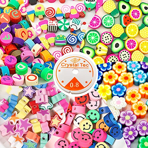 LOVECENTRAL 300PCS Cuentas de Arcilla Polimérica con línea Elástica de 6 m, Cuentas de Flores, Cuentas de Frutas, 10mm Cuentas de Colores para DIY Pulseras Collares Bisutería (D) Cover