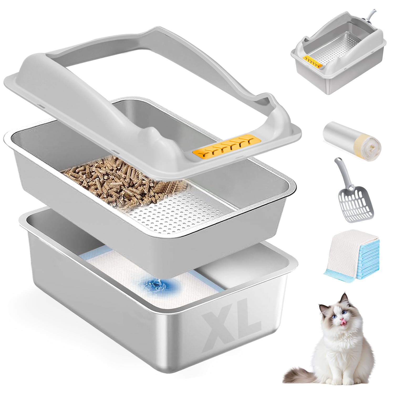 JHHJMEOW Stainless Steel Sifting Litter Box,XL Cat Litter Box with Lid,Pellet Litter Box for Big Cat,High Sides,Anti-Leakage,Easy Clean
