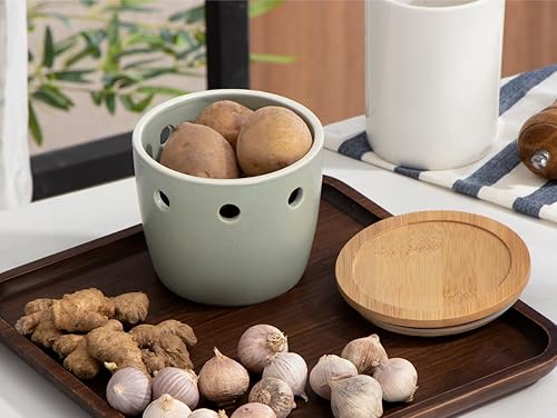 Miniatura 2 de ONEMORE Porta ajos grande con tapa, recipiente de ahorro de ajo de cerámica de 12.7 cm, porta ajos para mostrador, verde claro
