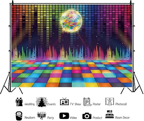 Miniatura 3 de CRTPOD Telón de fondo de fiesta de discoteca de 7 x 5 pies para fotografía, estilo vintage de los años 70, 80, 90, bola de discoteca, escenario,