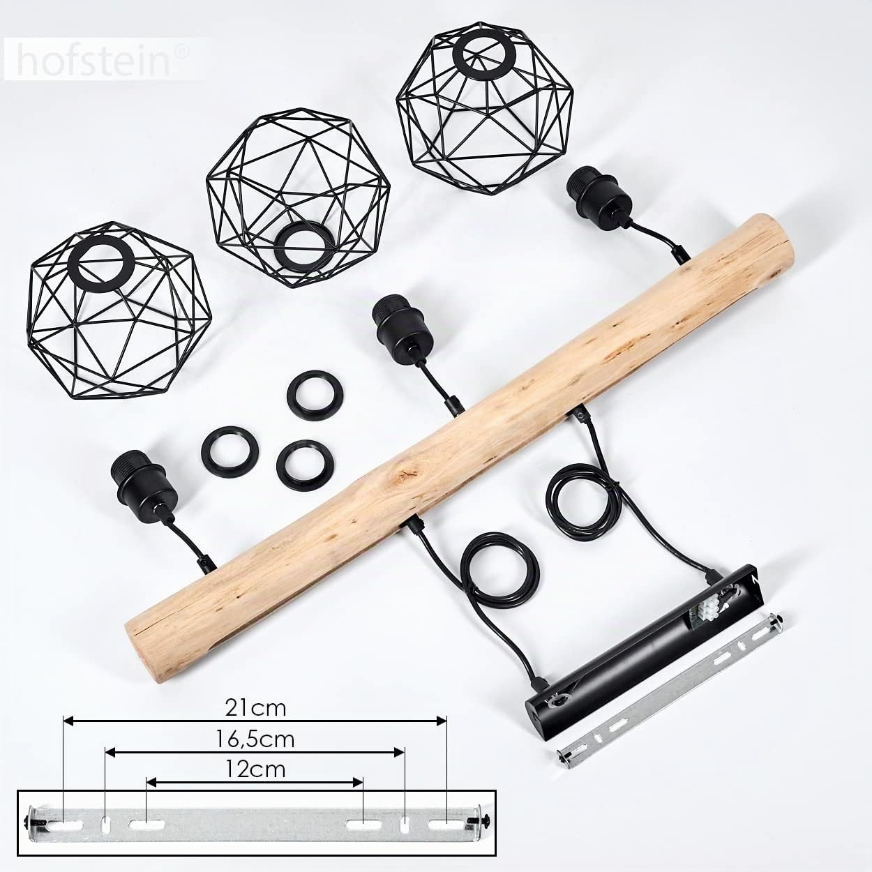 HOFSTEIN Pendelleuchte Bacabal, Hängelampe aus Metall/Holz in Schwarz/Naturfarben, höhenverstellbare Hängeleuchte mit Holzstab, Schirme in Gitter-Optik, 3-flammig, 3 x E27, Esszimmer, Küche
