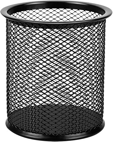 Image of Black Metal Mesh Round Pen Stand, Pencil Holder, Desk Organizer, Office Stationery Items, Home Storage Products, Makeup Brush Box, School Supplies