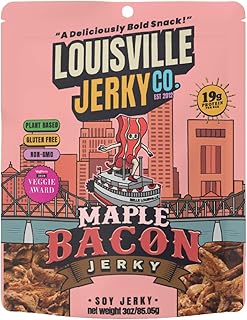 Louisville Jerky Co. Vegan Jerky Plant-Based Maple Bacon Flavor, High Protein Snack, (3 Ounce, 1-Pack) – Sweet & Smoky Chewy Texture, Gluten-Free