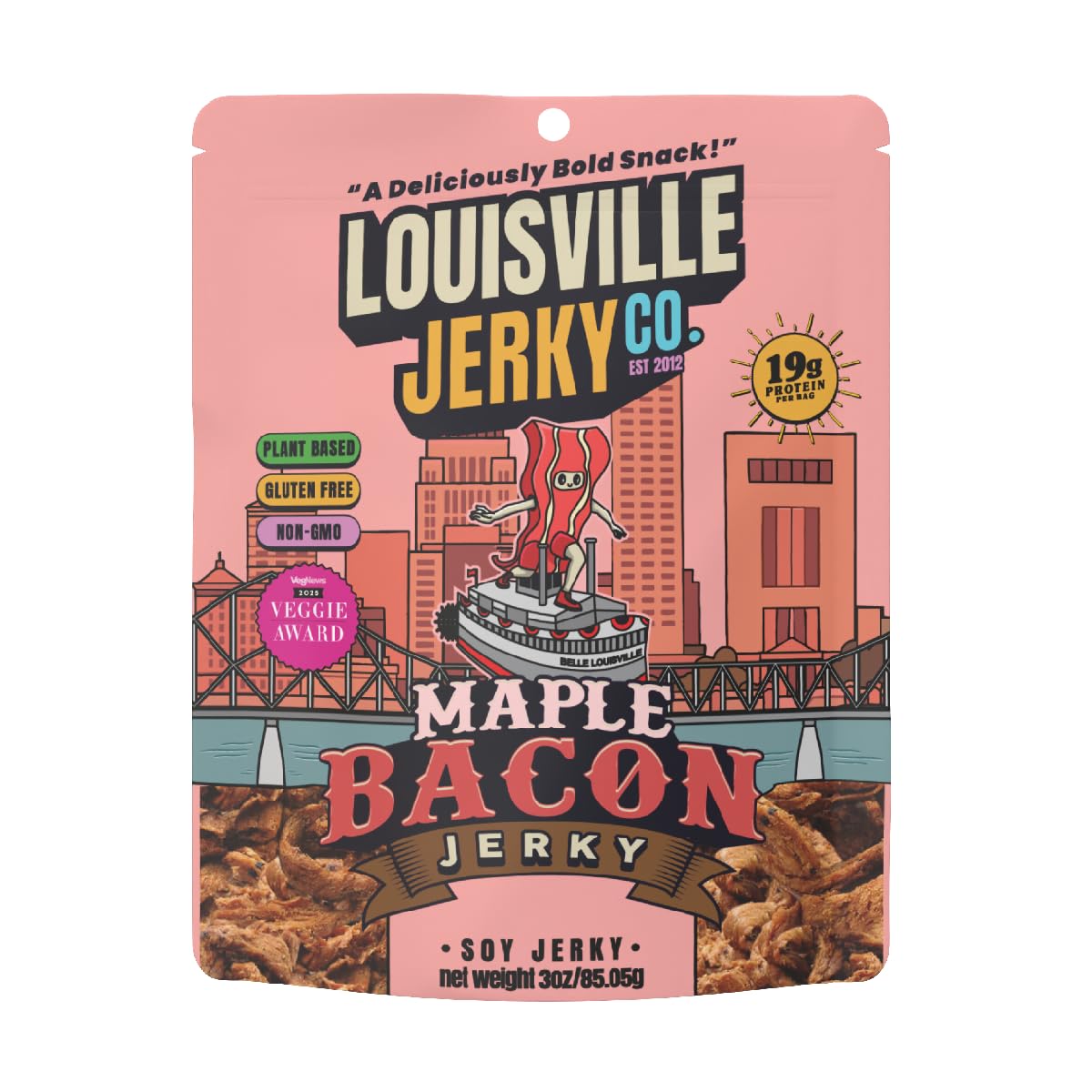Louisville Jerky Co. Vegan Jerky Plant-Based Maple Bacon Flavor, High Protein Snack, (3 Ounce, 1-Pack) – Sweet & Smoky Chewy Texture, Gluten-Free