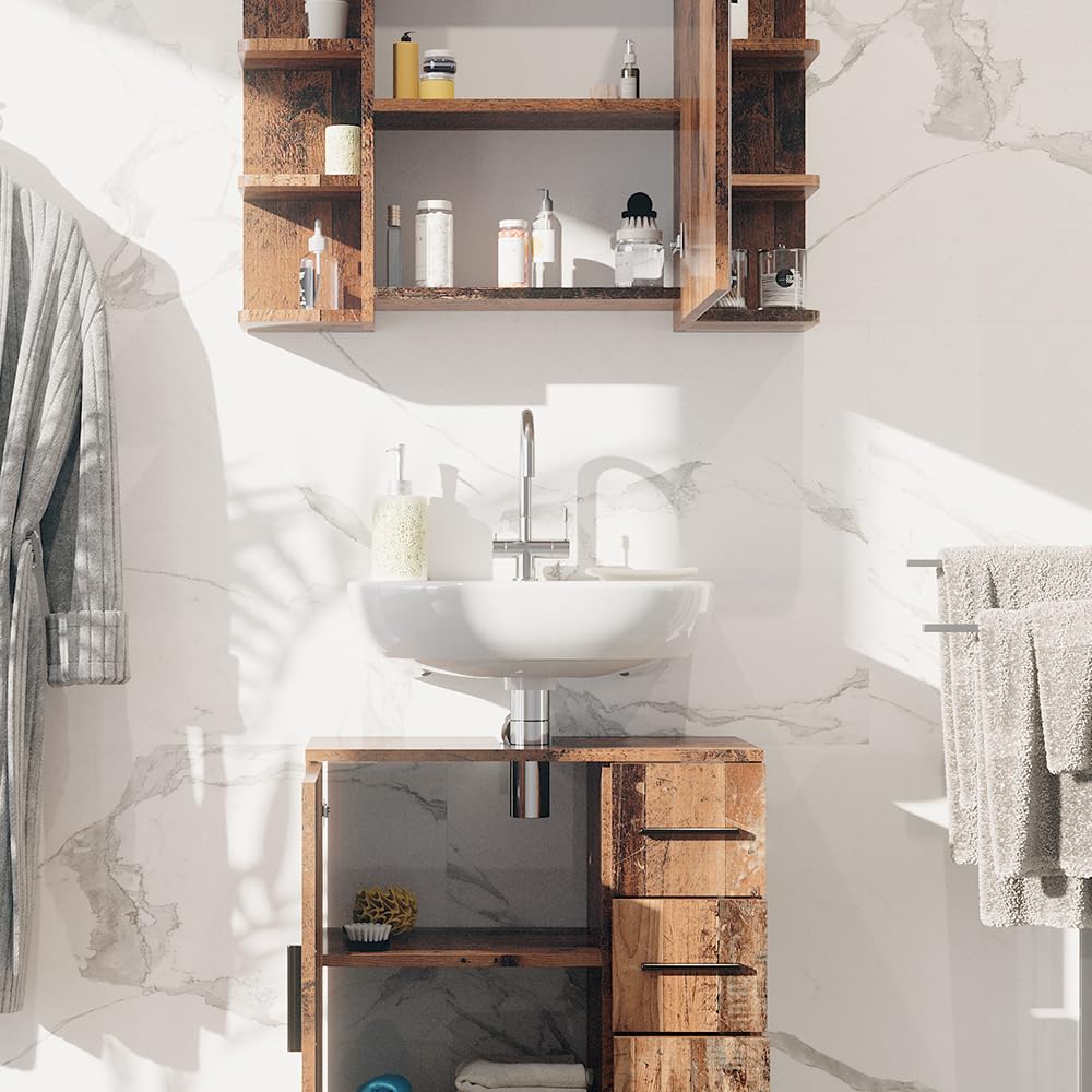 Vicco Set di mobili da bagno Ilias, Rovere rustico, 60 cm, composto da specchio da bagno e mobile sottolavabo