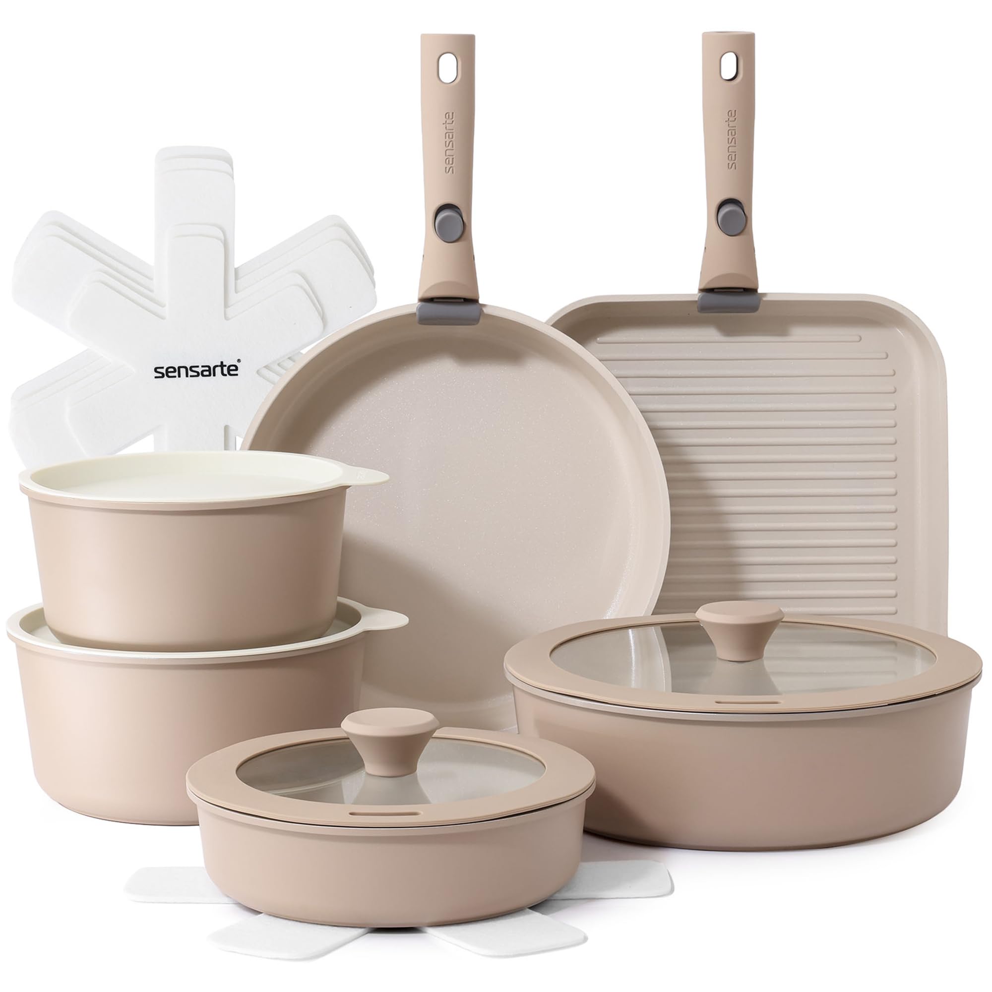 SENSARTE 17 Piece Ceramic Pots and Pans Set, Nonstick Detachable Handle Cookware, Induction Kitchen Cookware Set with Removable Handle, Dishwasher ＆ Oven Safe (Almond Beige)