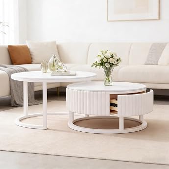 Marble Coffee Table Round White Set of 2 Round Living Room Table White Modern Round Coffee Table White with Storage Space Drawer Living Room Table for Couch Living Room Couch Table