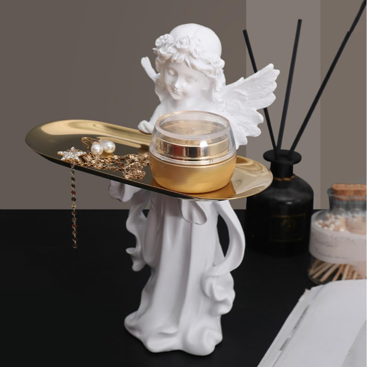 Bandeja de Joyas de Encimera Figura de Ángel en Resina de Color Claro