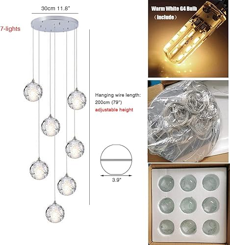 Miniatura 4 de Ezalor Loft - Candelabro de bola de cristal con forma de gota de lluvia, luz colgante larga G4 3000 K, luz de techo blanca cálida, altura ajustable,