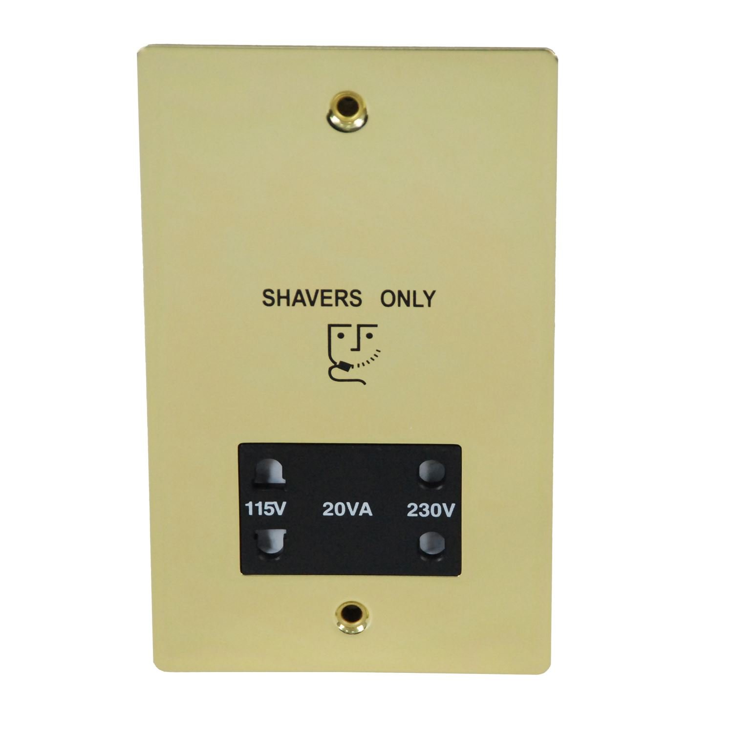 Volex Polished Brass, Black Shaver Socket Dual Voltage 230V / 155V - Recessed Flat Plate Polished Brass/Black