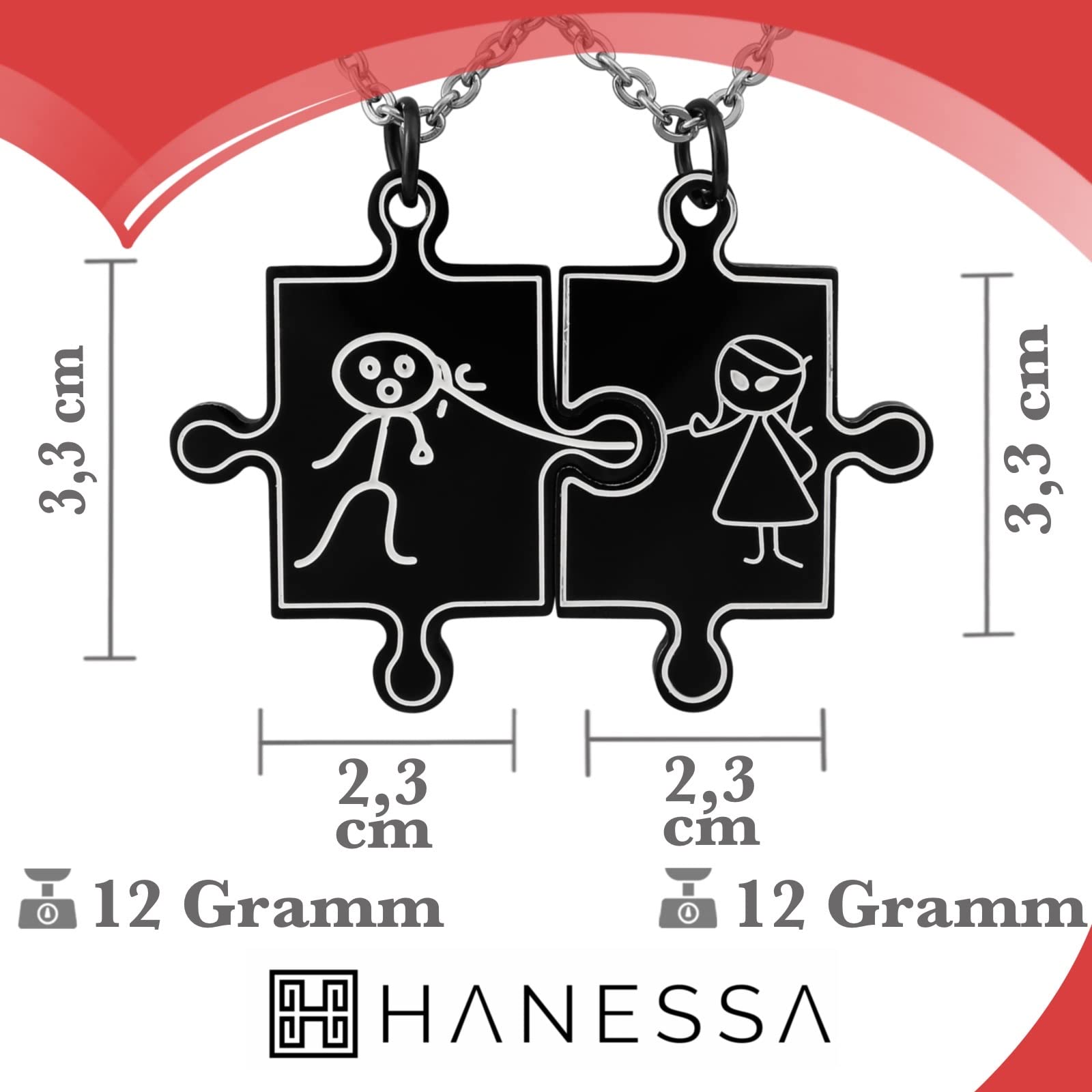 2 Stück Personalisierte Kette mit Gravur Edelstahl mit Anhänger Puzzle Teil in silber schwarz gold - Personalisierte Geschenke für Damen Herren Freundin Freund - Partner Halskette Sie Ihn