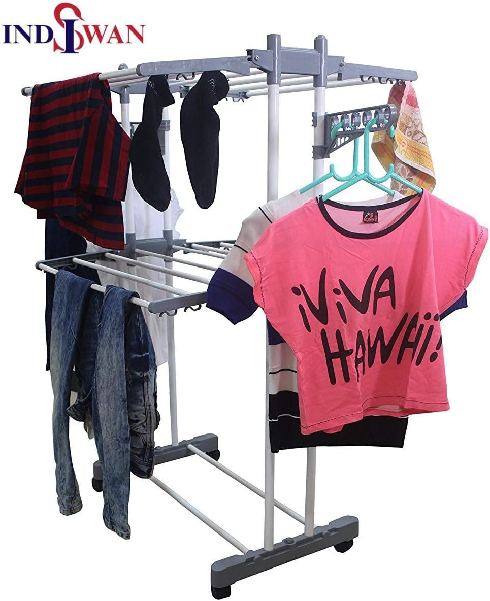 INDISWAN™ Wall Mounting Foldable Clothes & Towel Drying Rack Cum Hanger Stainless Steel (Drying Rack 2 Layer - Gray & White)