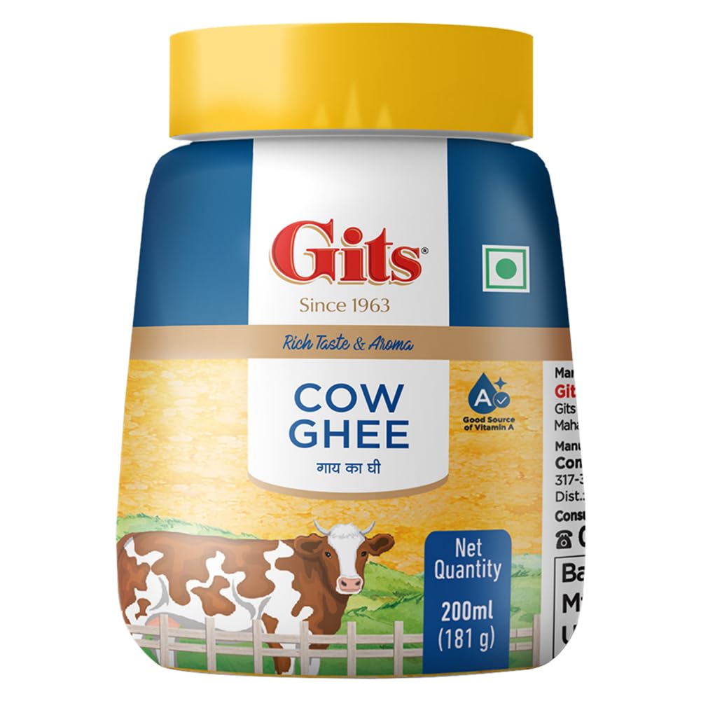 Gits Cow Ghee 200 ml Jar | Pack of 1 | Aroma in every drop |Pure Veg, Pure Cow Ghee, Desi Ghee, No preservatives | Rich Taste & Aroma | Good source of Vitamin A, Delicious, Healthy & Nutritious | Good for Digestion, Heart, Skin and Hair | Homemade taste