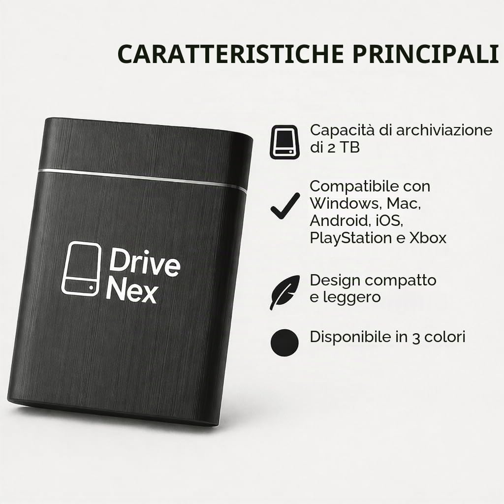 DriveNex SSD 2TB | Disco rigido esterno | 2 Terabyte | Adatto a tutti i sistemi operativi | Archiviazione dati | Disco rigido esterno portatile | Hard Drive esterno
