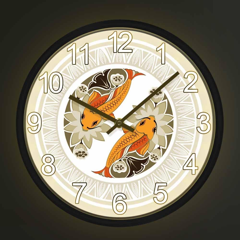 Geek Alerts Chinese Carp Fish Yin Yang Feng Shui Silent Wall Clock with Sound Control LED Night Light Koi Fish Zodiac Home Decor Clock Goldfishes Artwork Wall Watch
