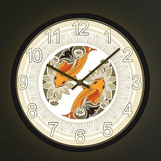Geek Alerts Chinese Carp Fish Yin Yang Feng Shui Silent Wall Clock with Sound Control LED Night Light Koi Fish Zodiac Home Decor Clock Goldfishes Artwork Wall Watch