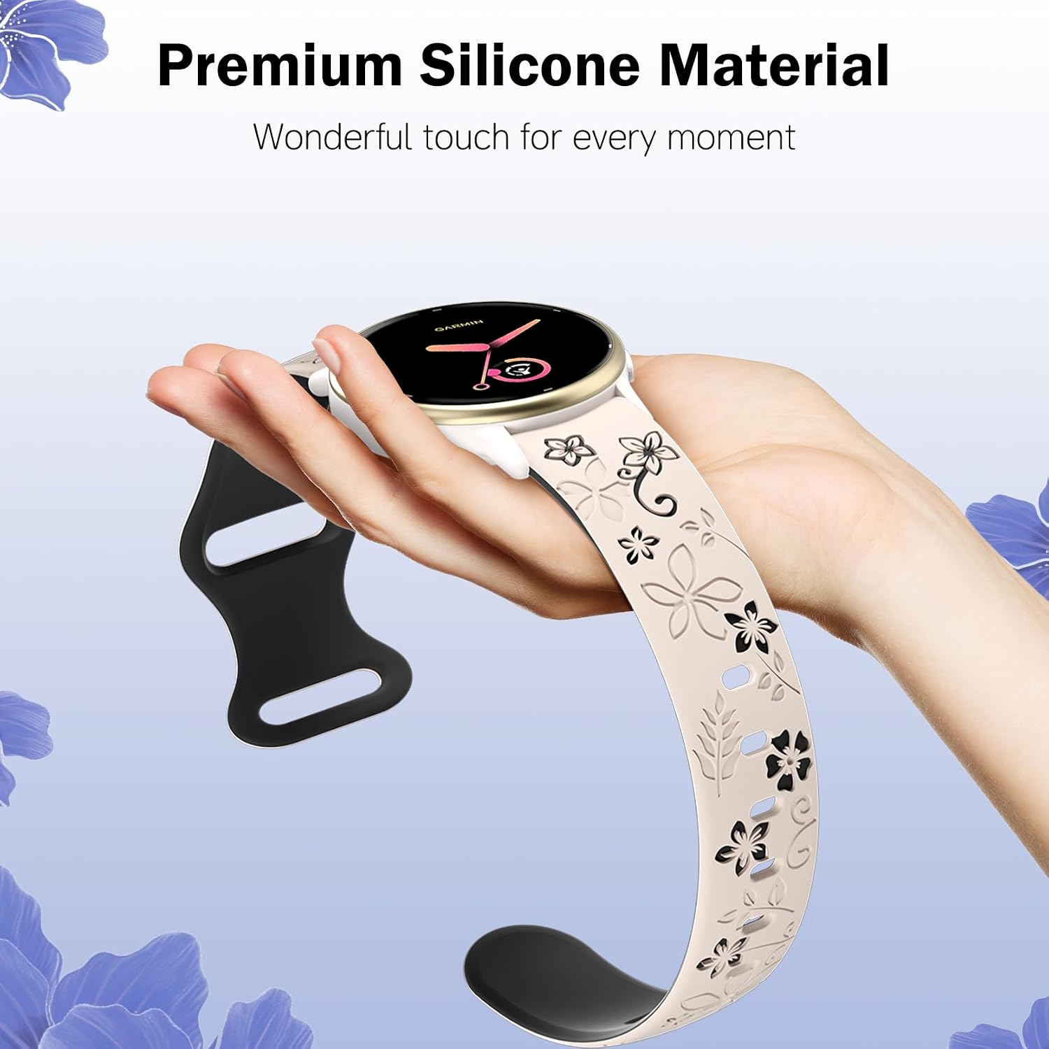 Floral Band Compatible with Garmin Vivoactive 6/Vivoactive 5/3/3 Music, 20mm Soft Silicone Cute Women Two-Tone Flower Sport Strap for Venu/Venu Sq/Sq2/Forerunner 165/55/245 Replacement Accessory