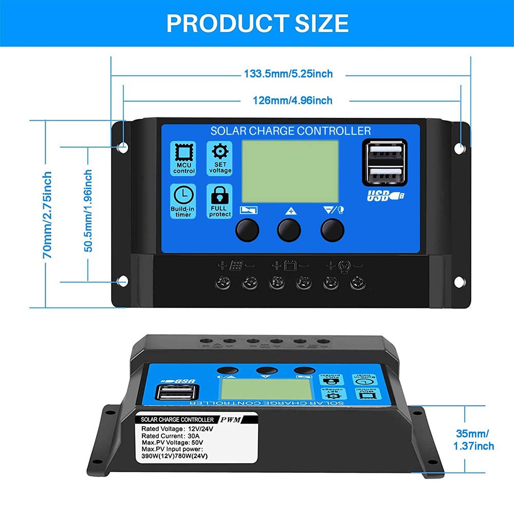 YINGGIANG 30A 12V/24V Controlador de carga solar Controlador inteligente de batería de panel solar con puertos USB duales de 5V Pantalla LCD suministrada con cable PV y cable de clip de batería (30A)