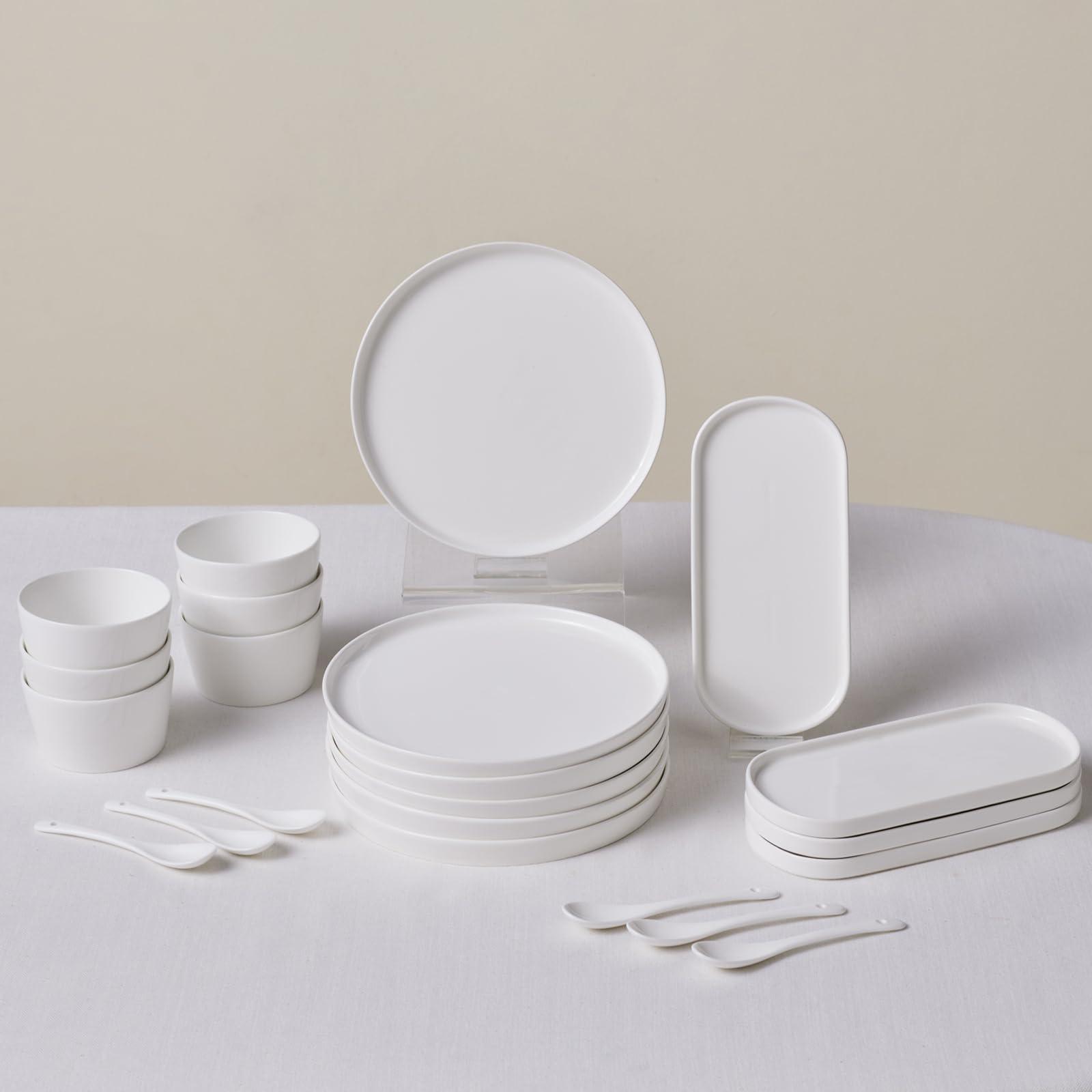 Karaca Forever Bone China Bomo 22-Piece Serveware Set for 6 People, Side Plate, Small Bowl, Spoon, Serving Platter, White