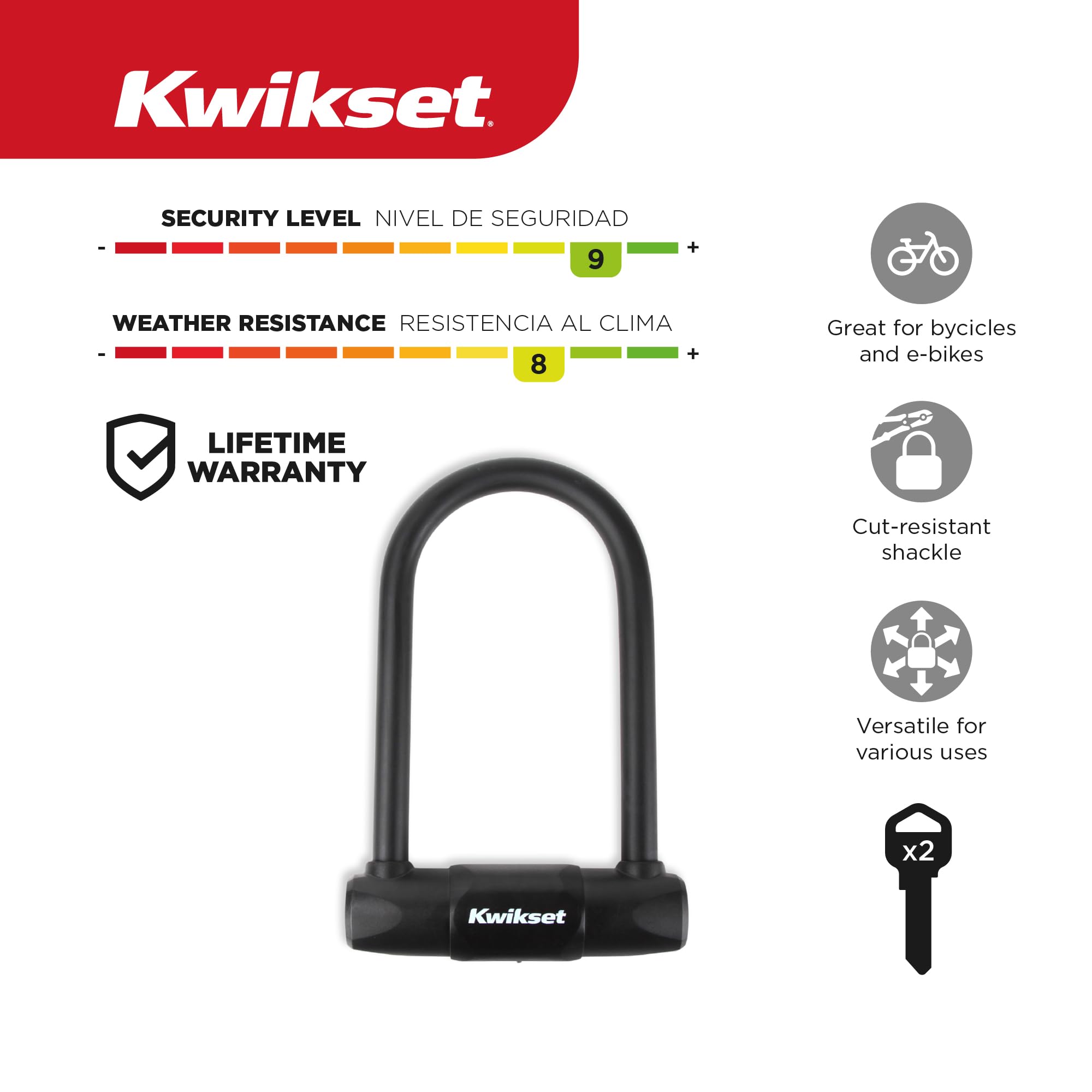 Kwikset Lucchetto a U per bicicletta ad alta sicurezza, in acciaio temprato, antifurto, 1 pezzo, nero