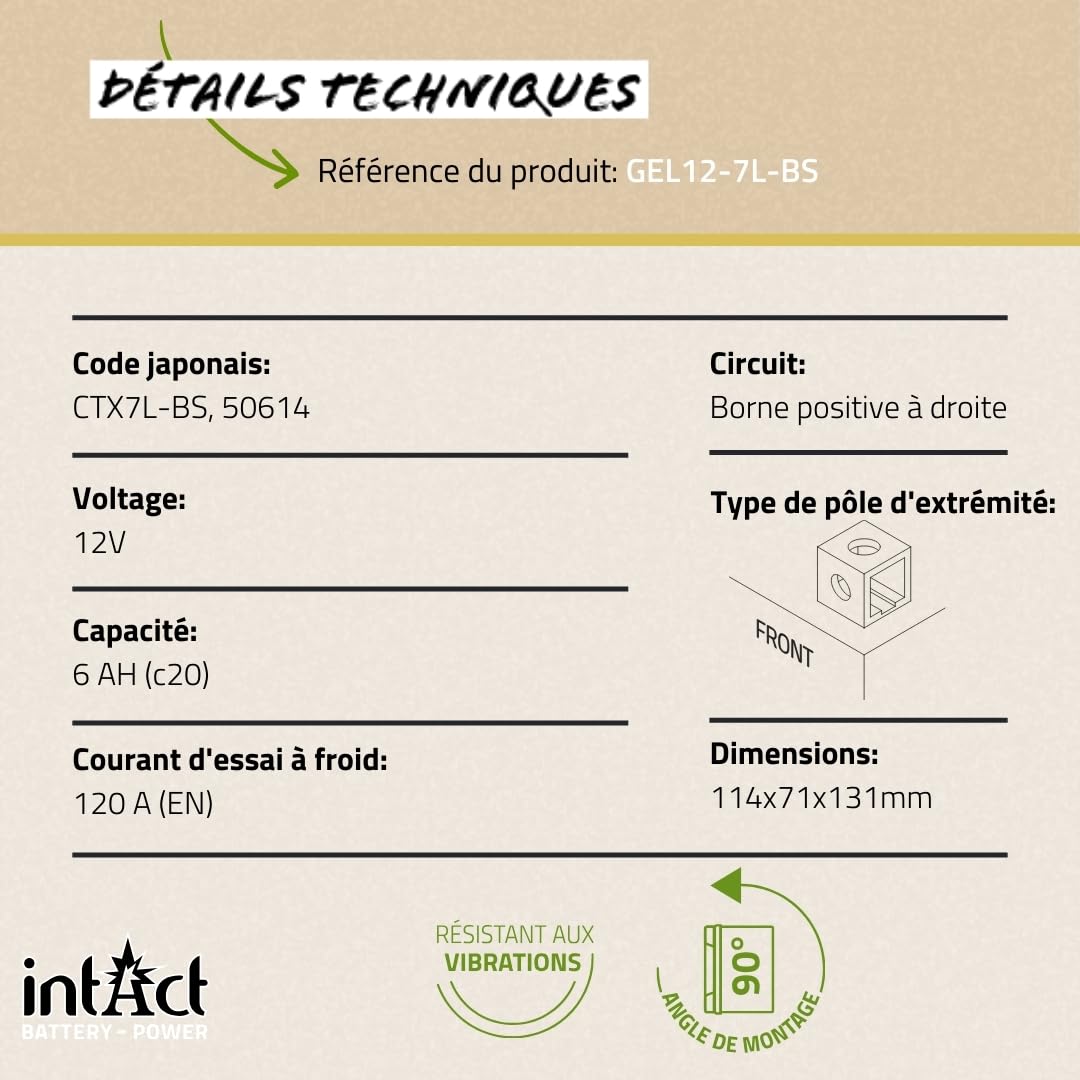 intAct - BATTERIE MOTO GEL Bike-Power GEL12-7L-BS. Remplace YTX7L, YTX7L-BS. Batterie moto 12V 6Ah 120A. Dimensions : 114x71x131mm. Avec jusqu’à 30% de puissance de démarrage en plus.