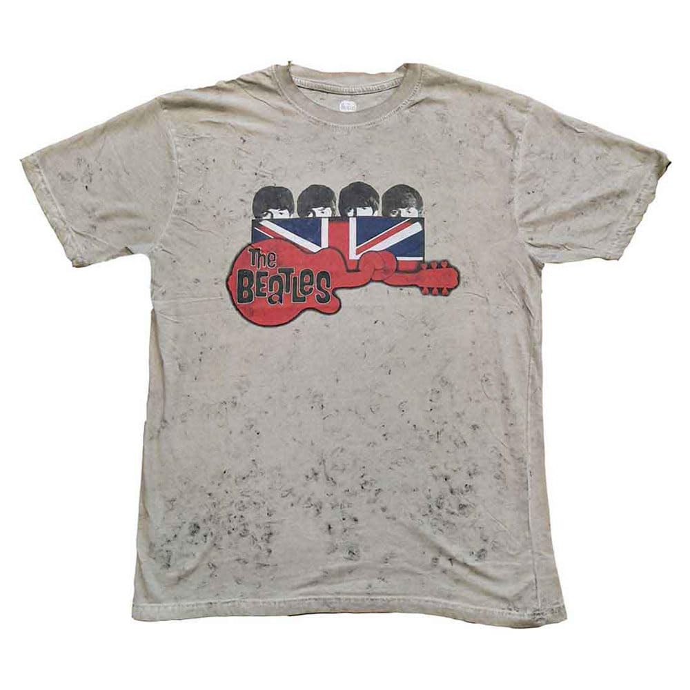 The Beatles Guitar And Flag Snow Wash T Shirt - Les Beatles, Paul McCartney, John Lennon, RIngo Starr, George Harrison The Beatles Guitar And Flag Snow Wash T Shirt