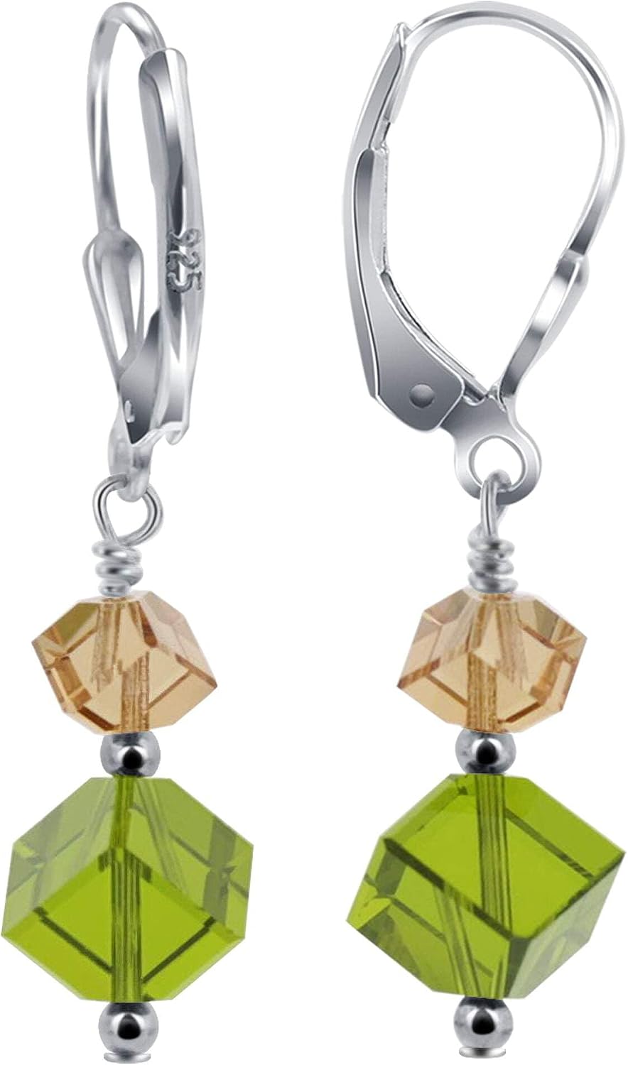 Diagonal Cube Shape Austrian Crystals Handmade Drop Earrings for Women with 925 Sterling Silver
