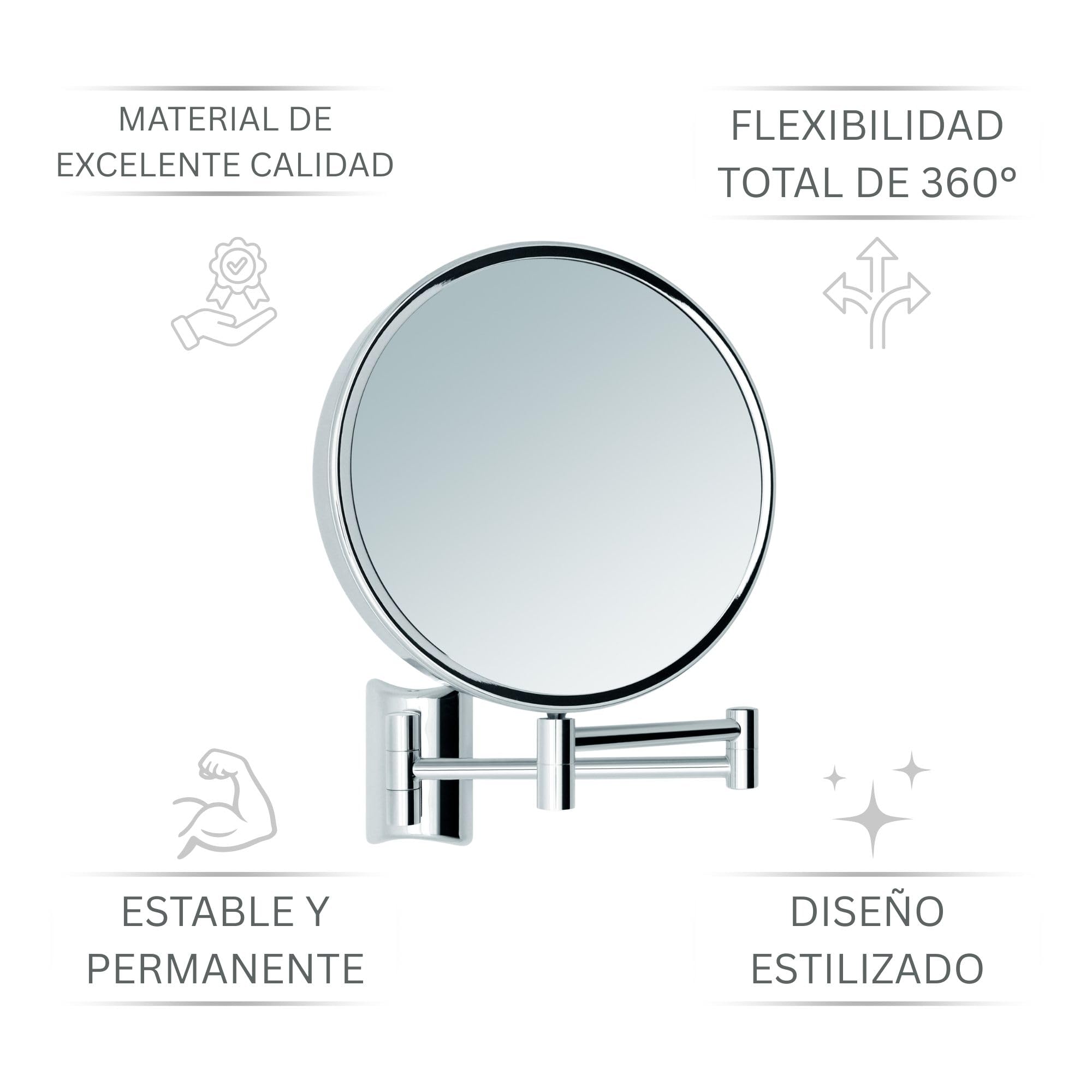 Imola Espejo de Aumento de Pared – Espejo de Maquillaje Giratorio 360° – Espejo Doble Cara para Afeitar con Aumento 3X y 7X – Brazo Extensible de Metal Cromado, Ø 19 cm