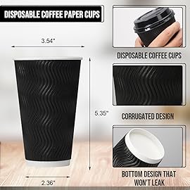 BYSNOW 16 oz Coffee Cups with Lids, 100 Pack Disposable Coffee Cups Insulated Ripple Paper Cups for Water, Juice, Espresso (Black 16 oz)