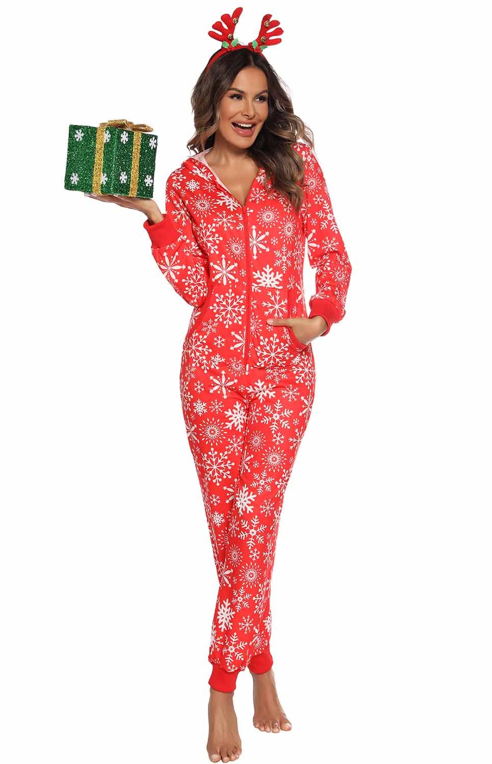 Damen Jumpsuit Onesie Overall One Piece Pyjamas Weihnachten Jumpsuit Hausanzug Schlafanzug Ganzkörperanzug Freizeitanzug Nachtwäsche Mit Kapuze & Reißverschluss