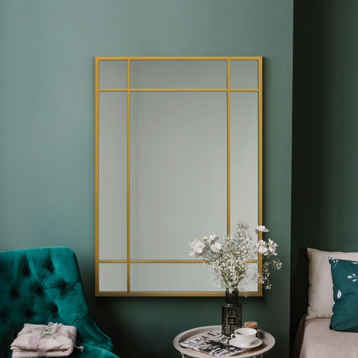 MirrorOutlet The Fenestra - Gold Modern Contemporary Wall Mirror 39" X 27" (100CM X 70CM) Silver Mirror Glass with Black Metal Frame.…