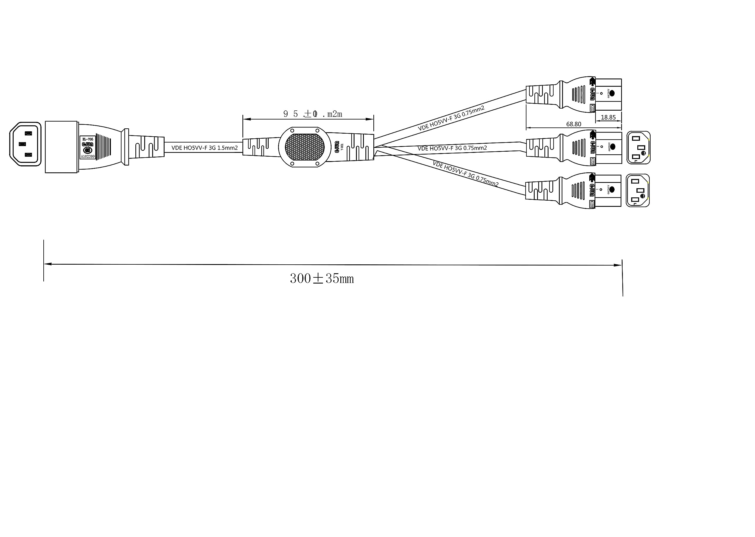 HTCable UPS PDU Computer Power Splitter Kabel C14 auf 3 x C13 10A 250V 30cm Verlängerungskabel (C14-3xC13 30cm)