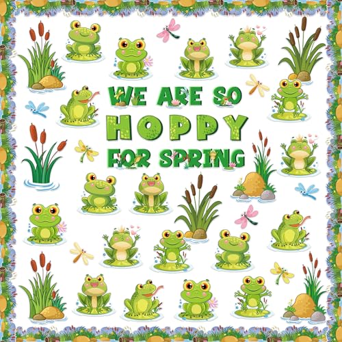 Pasimy 68 Pcs Frog Bulletin Board Set Spring Summer Classroom Decorations Green Jumping Frog Pond Grass Dragonfly Flower Lotus Paper Cutouts Jungle Bulletin Border Trims for Chalkboard School Wall