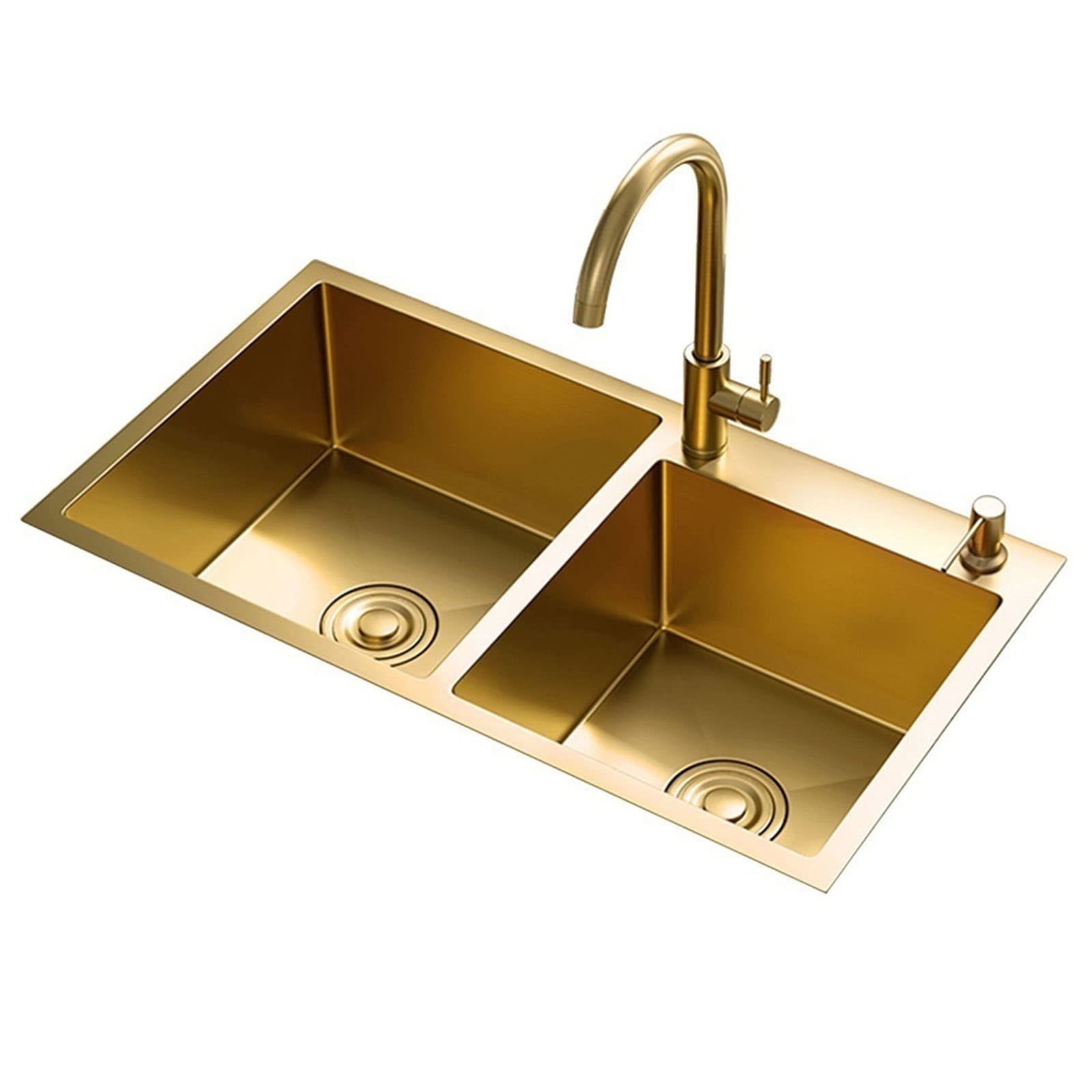 WIQUYBML Handmade Double Sink Home Kitchen With Faucet And Soap Dispenser 21CM Deep Large Capacity Middle Island (Color : Gold, Size 78 * 43 21cm)
