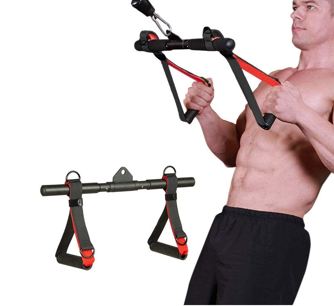 Clothink Cable Machine Attachments Rowing Machine Handle Detachable, All in One Rotating Straight Bar Tricep Rope Exercise Handles Red