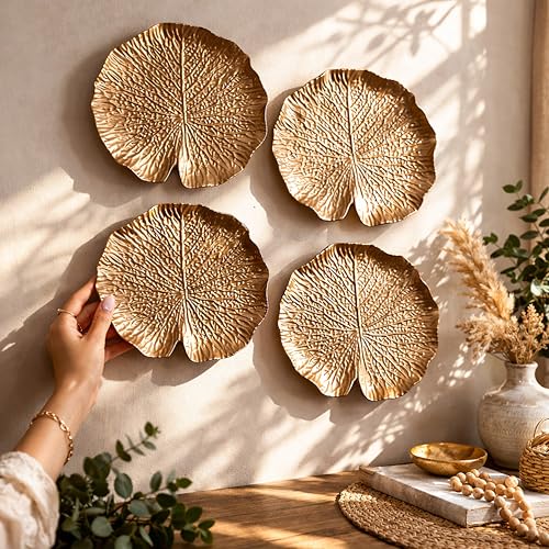 Image of Art Street Golden Lotus Leaves Tray MDF Wall Plate For Living Room, Decorative Wall Hanging Carved Decal for Home Decor (Set of 4, 7.2x7.4 Inch)