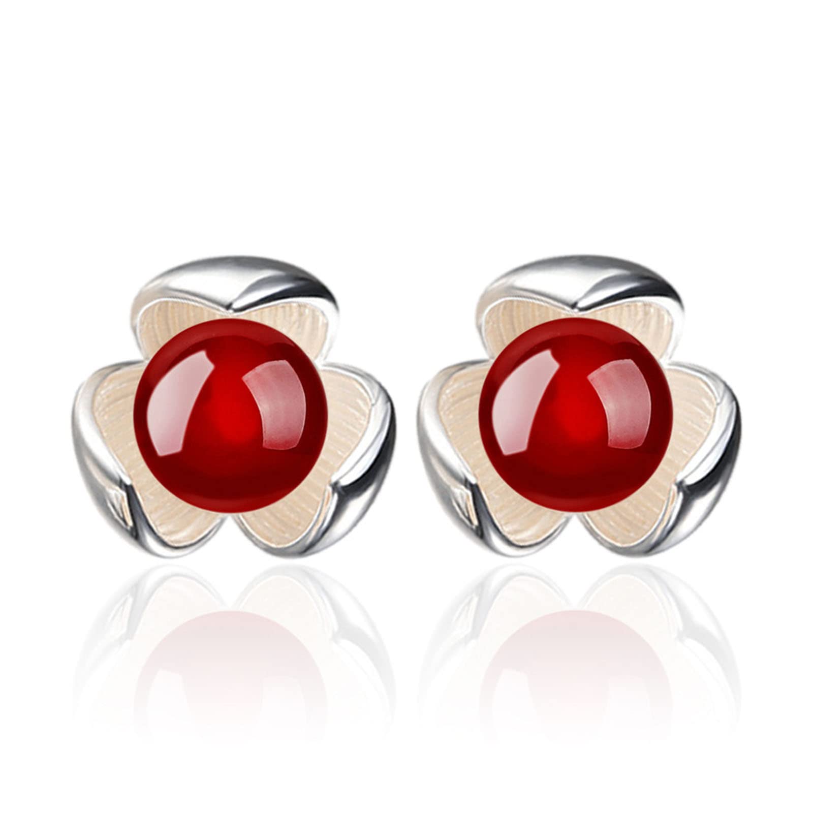 SalandaSilver Plated Ear Agate Stud Earrings,Lucky Clover Red Agate Ear Earrings Studs,Lucky Cute Earrings Stud,Creative Earrings Female Jewelry Girl Gifts