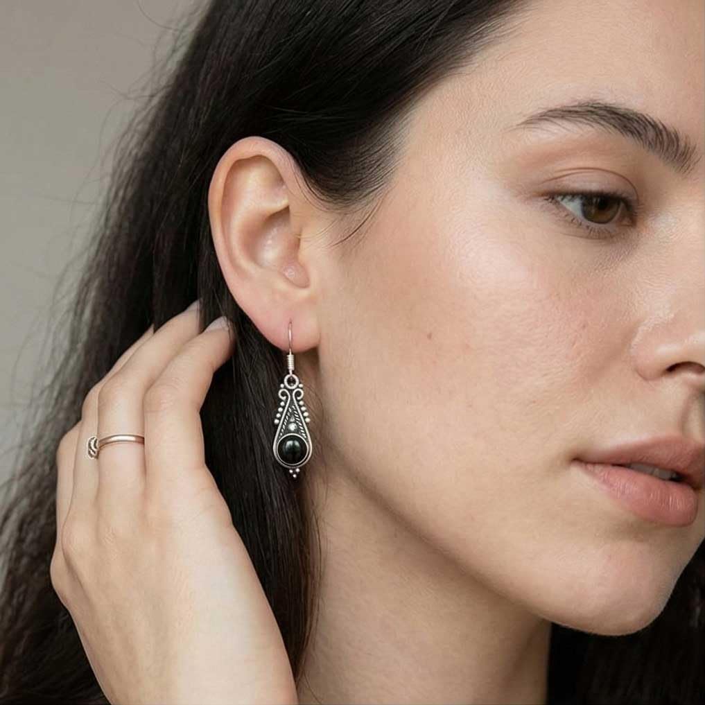 Handmade 925 Sterling Silver Plated Drop Dangle Earring Natural Gemstone Amethyst, Crystal, Turquoise, Rose Quartz Round Boho Jewelry For Women
