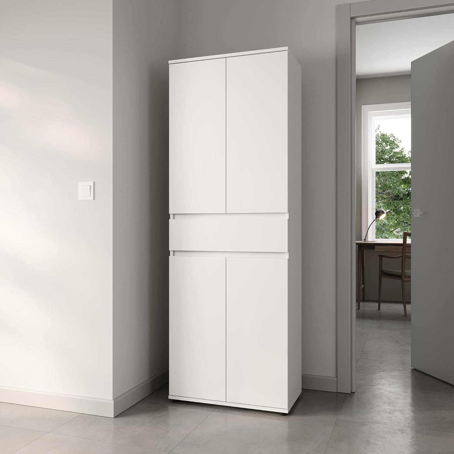 Home Collective Schrank 60 cm breit mit 4 Türen & Schublade, Vielseitiger Aufbewahrungsschrank Mehrzweckschrank mit 3 Einlegeböden, Schmaler Schrank für Haushalt, Büro, Schlafzimmer, 64x34x180 | Weiß